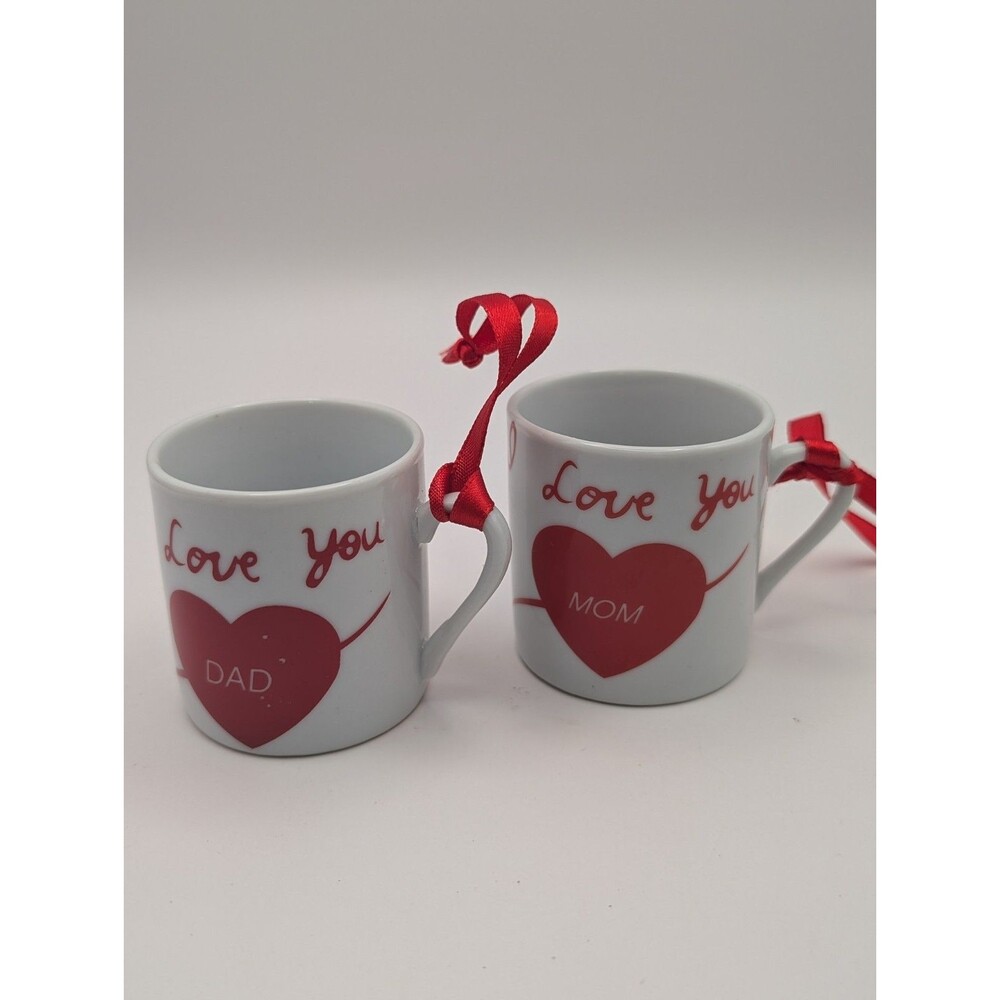 Set of 2 Mini Mug Ornaments I Love You Mom & Dad Valentine Christmas Red Ribbon